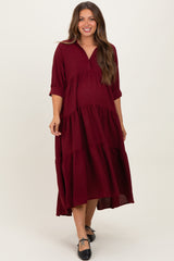 Wine Collared Button Up Tiered Maternity Midi Dress