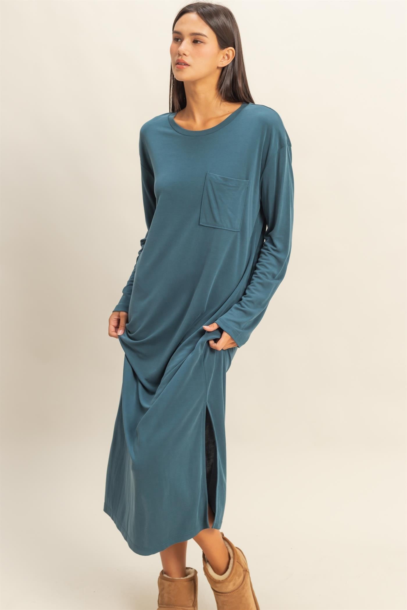 Teal Oversized Long Sleeve Maternity Midi Dress