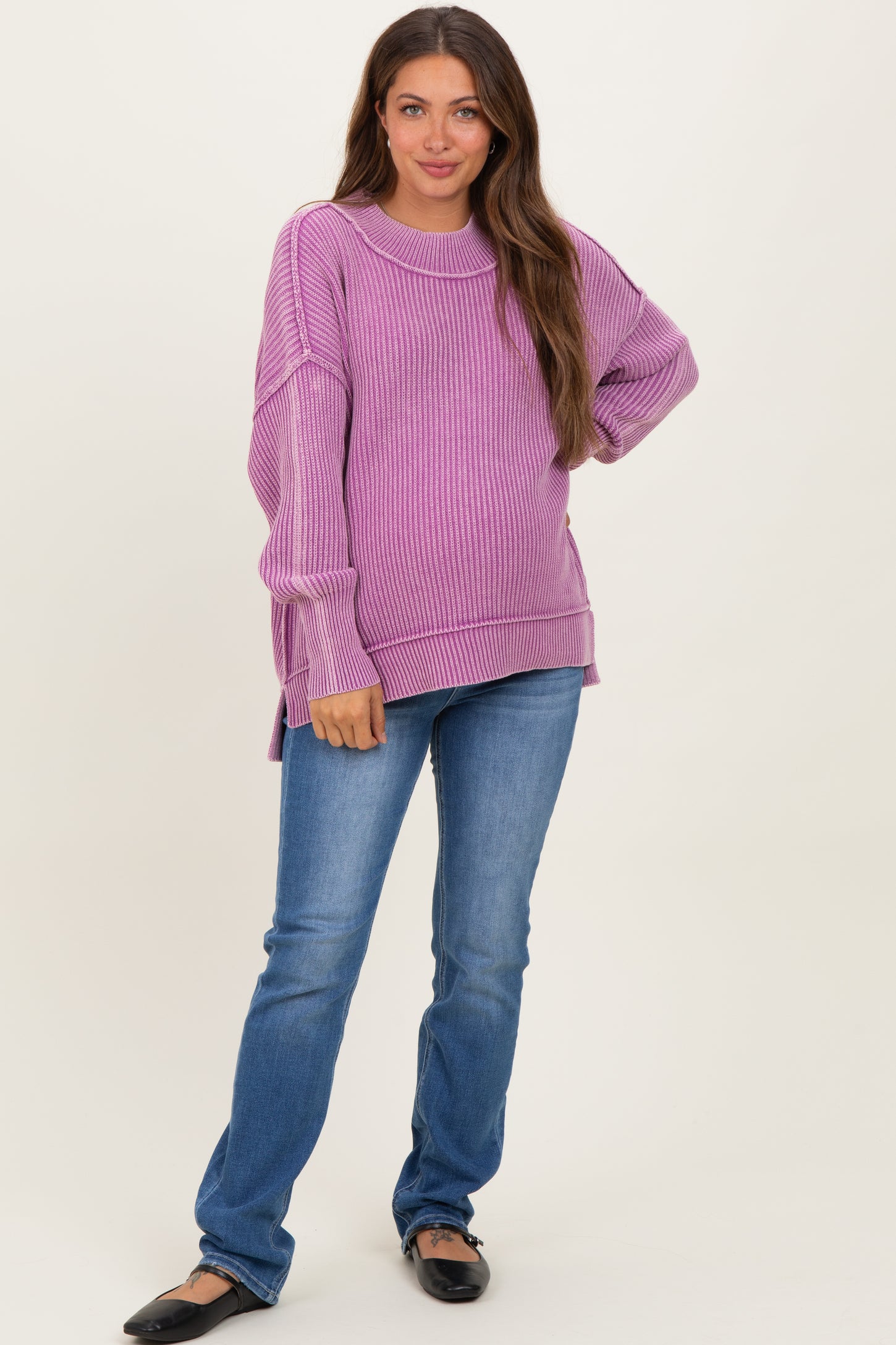 Violet Washed Side Slit Oversized Maternity Sweater