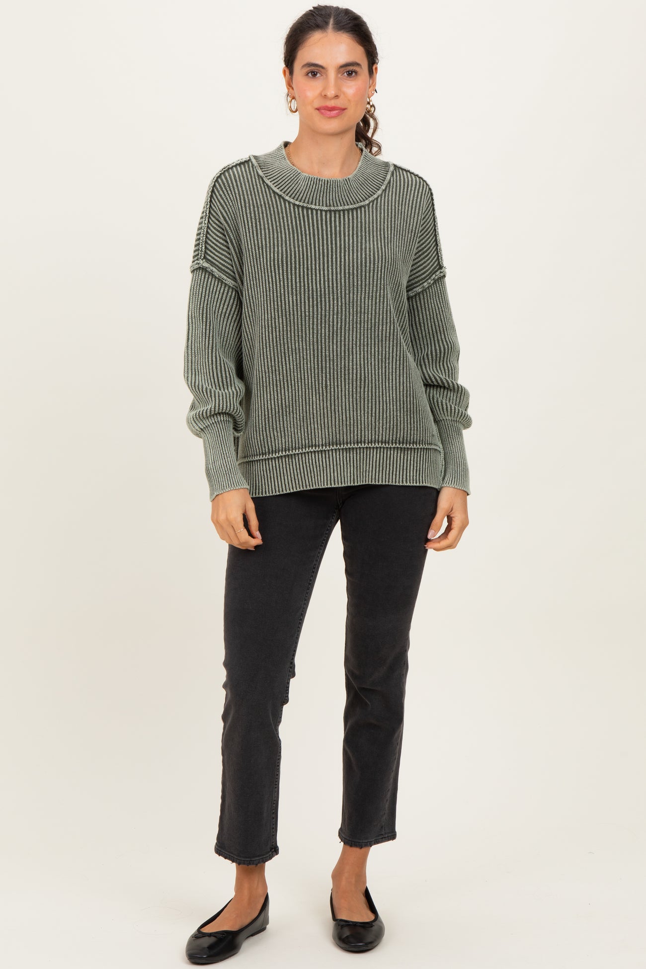 Olive Washed Side Slit Oversized Sweater