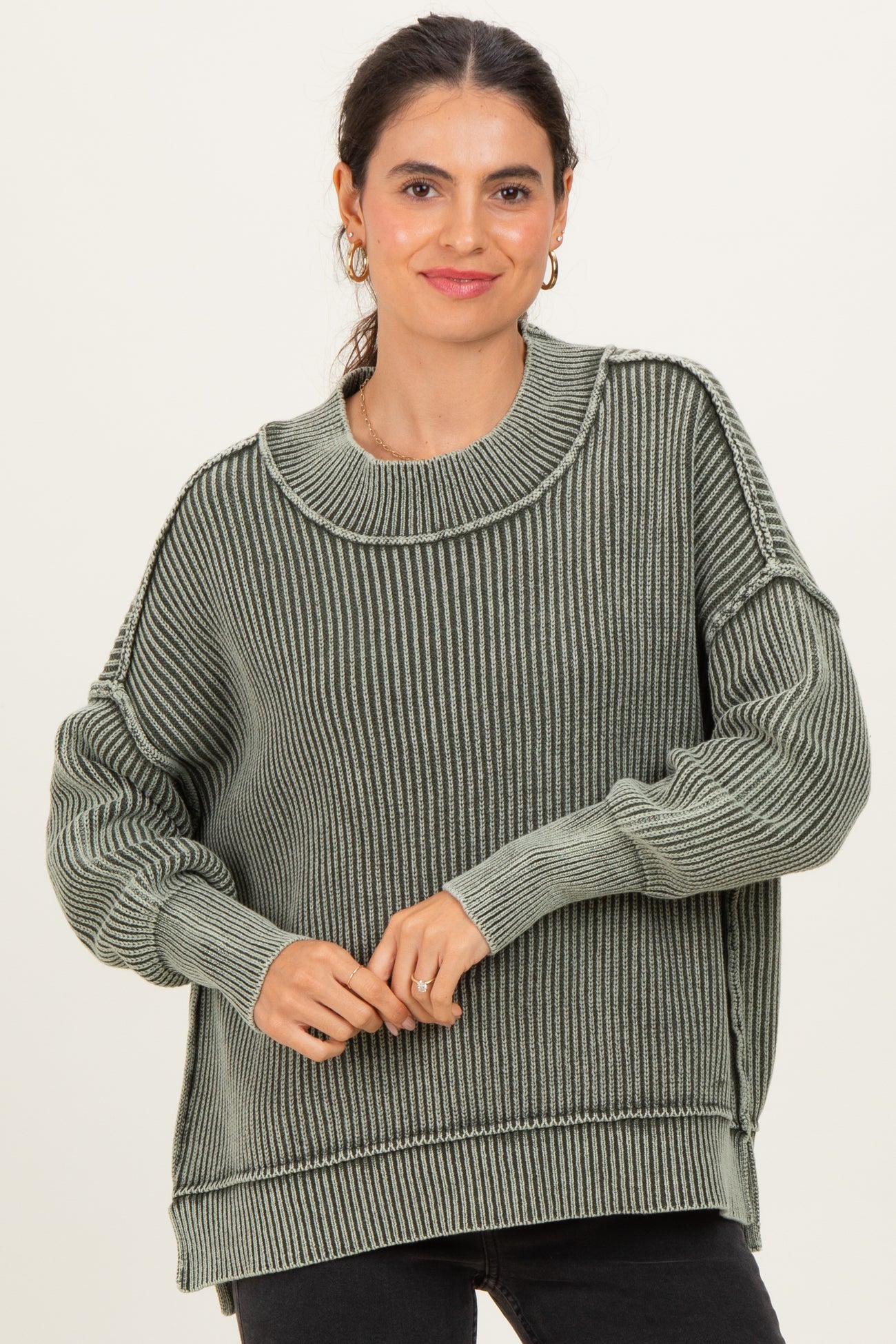 Olive Washed Side Slit Oversized Sweater