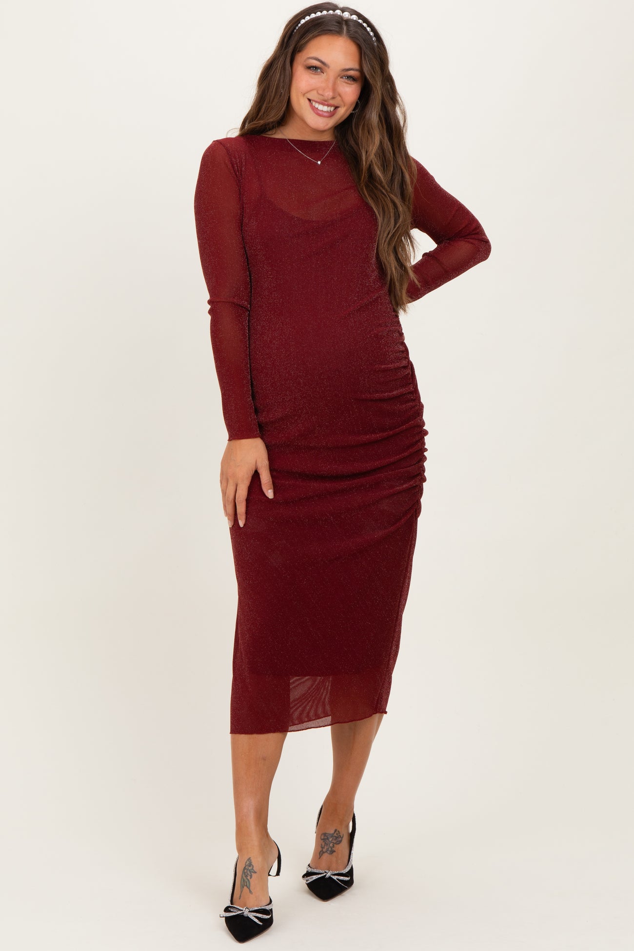 Burgundy Shimmer Mesh Long Sleeve Ruched Maternity Midi Dress