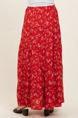maternity wear red floral maxi skirt with tiered design, model seen from the back, wearing comfortable sandals