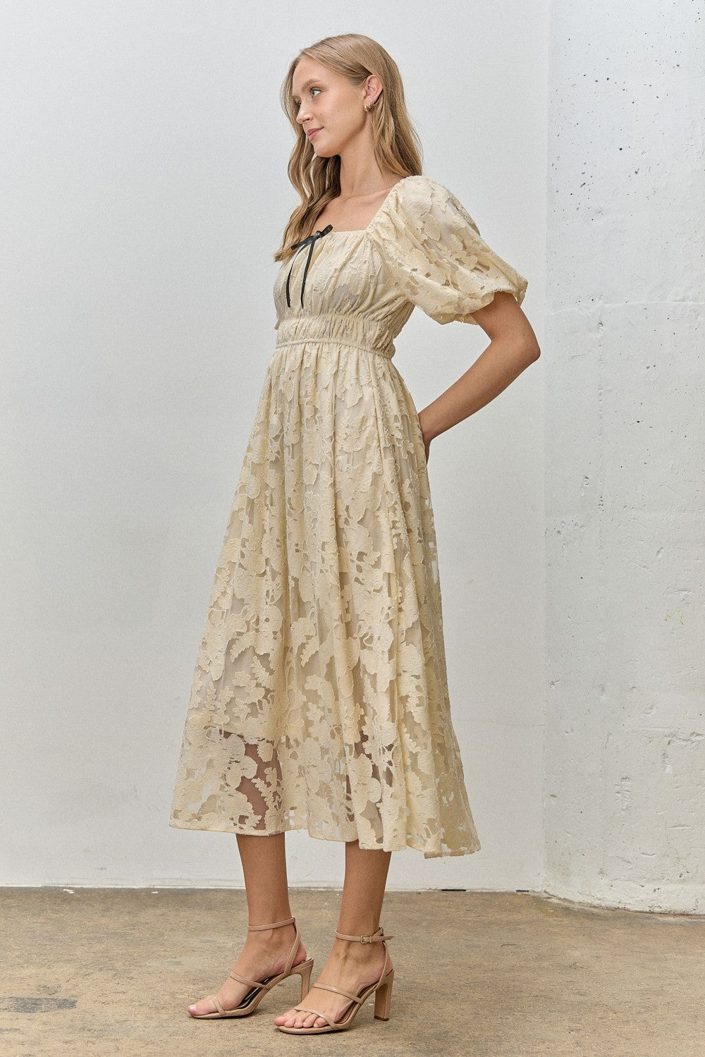 Cream Lace Puff Sleeve Midi Dress