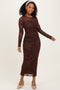Brown Floral Flocked Mesh Long Sleeve Midi Dress