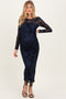 Navy Floral Flocked Mesh Long Sleeve Maternity Midi Dress