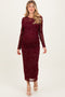 Burgundy Floral Flocked Mesh Long Sleeve Maternity Midi Dress
