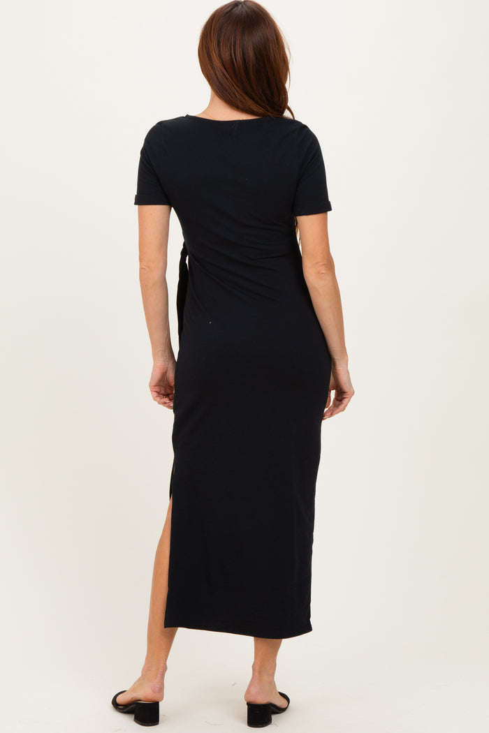Black Short Sleeve Waist Tie Side Slit Maxi Dress
