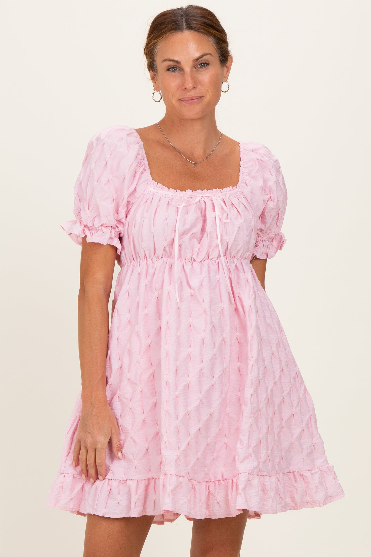 Pink Textured Puff Sleeve Maternity Dress