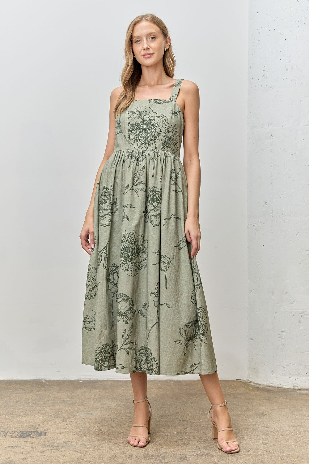 Light Olive Floral Sleeveless Maternity Midi Dress