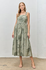 Light Olive Floral Sleeveless Maternity Midi Dress