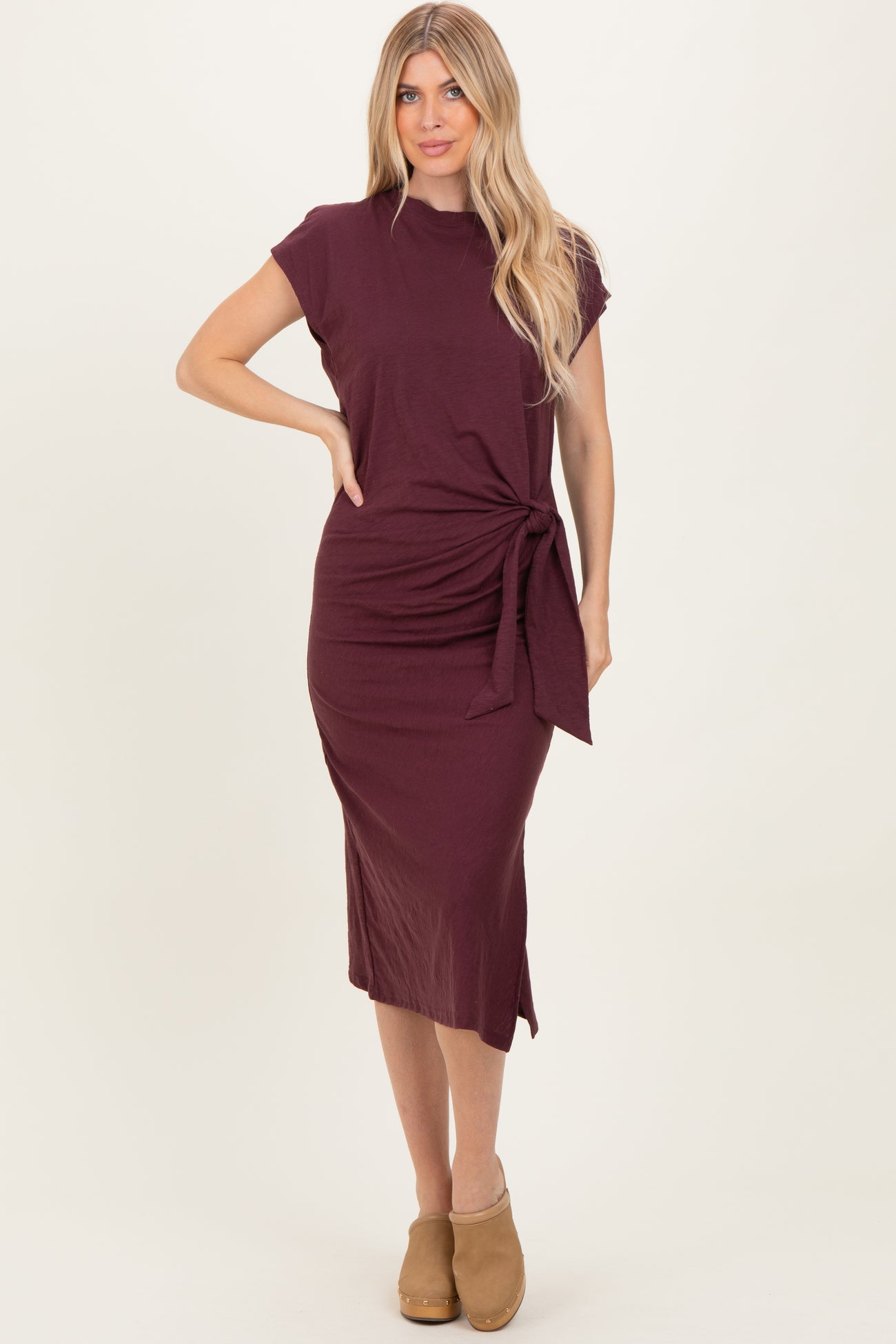 Maroon Side Tie Side Slit Maternity Midi Dress