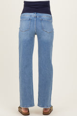 maternity wear blue denim jeans with a wide black waistband, shown from the back