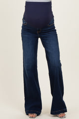 woman wearing dark blue maternity flare jeans with a high stretch panel for comfort and support