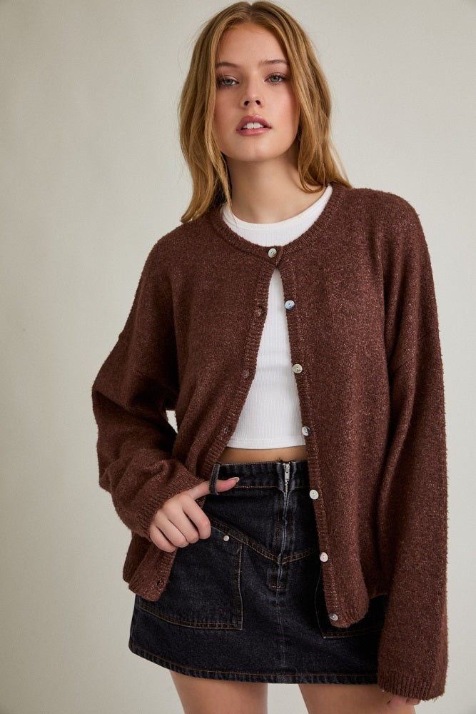 Brown Classic Crew Neck Button Cardigan