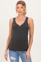 woman wearing a dark gray ribbed maternity tank top with a v-neckline and a fitted style