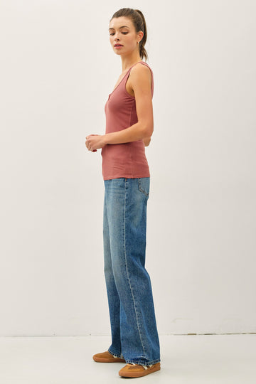 Rust Ribbed Split Neck Tank Top