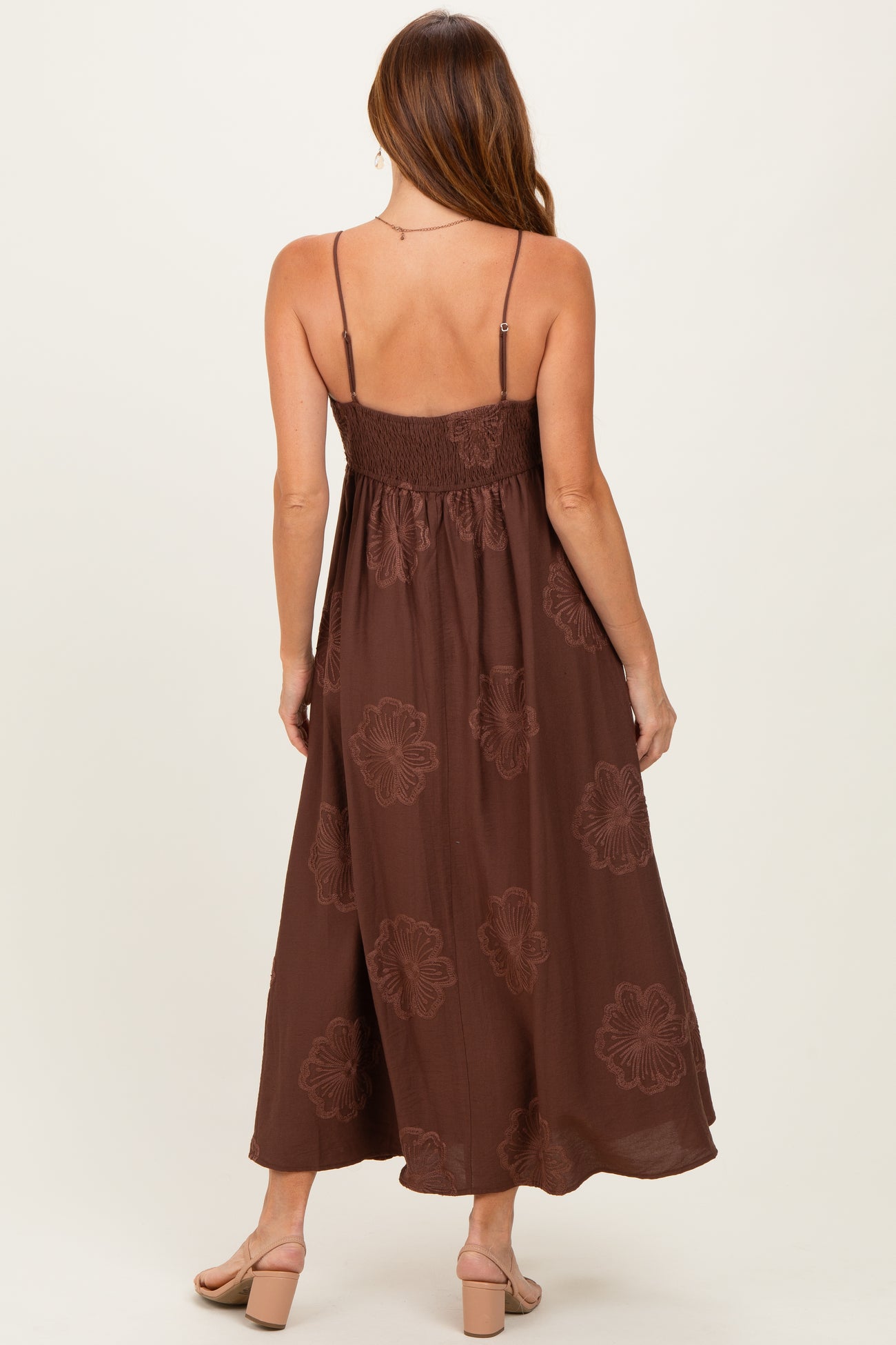 Mocha Flower Embroidered Midi Dress