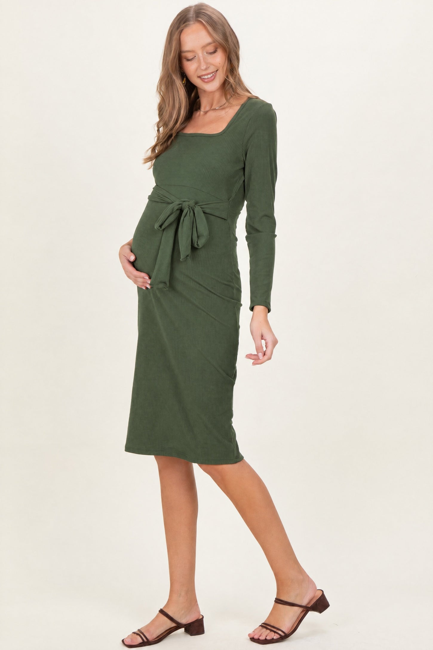 Olive Ribbed Long Sleeve Square Neck Tie Belt Maternity Midi Dress