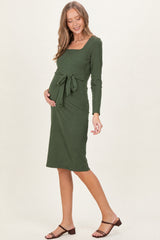Olive Ribbed Long Sleeve Square Neck Tie Belt Maternity Midi Dress