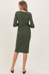 Olive Ribbed Long Sleeve Square Neck Tie Belt Maternity Midi Dress