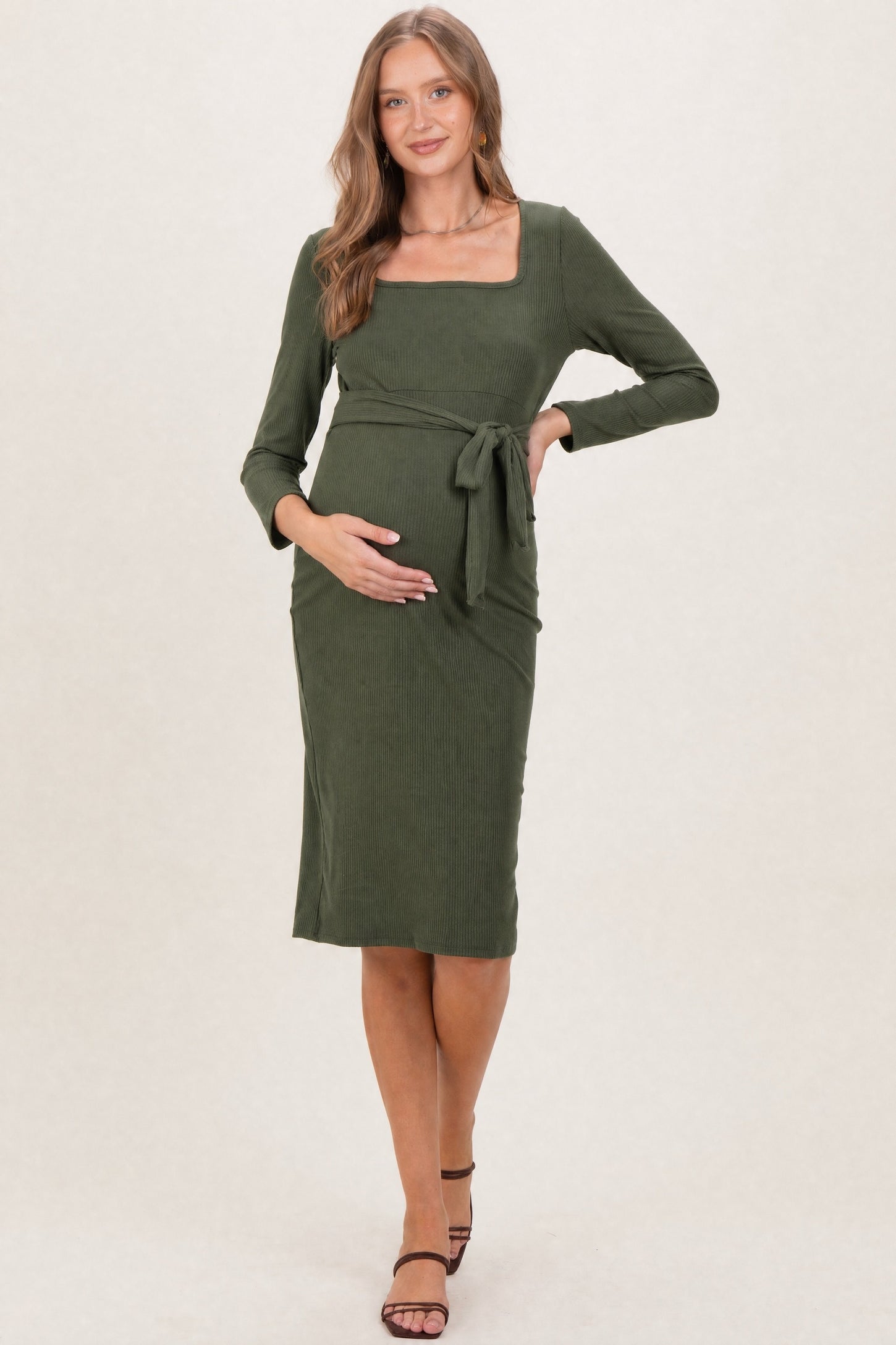 Olive Ribbed Long Sleeve Square Neck Tie Belt Maternity Midi Dress