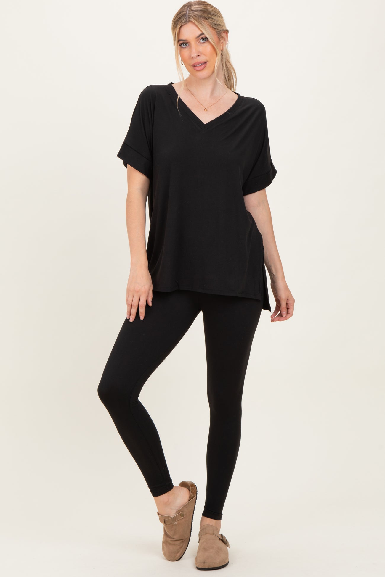 Black Oversized V-Neck Tee Legging Maternity Lounge Set