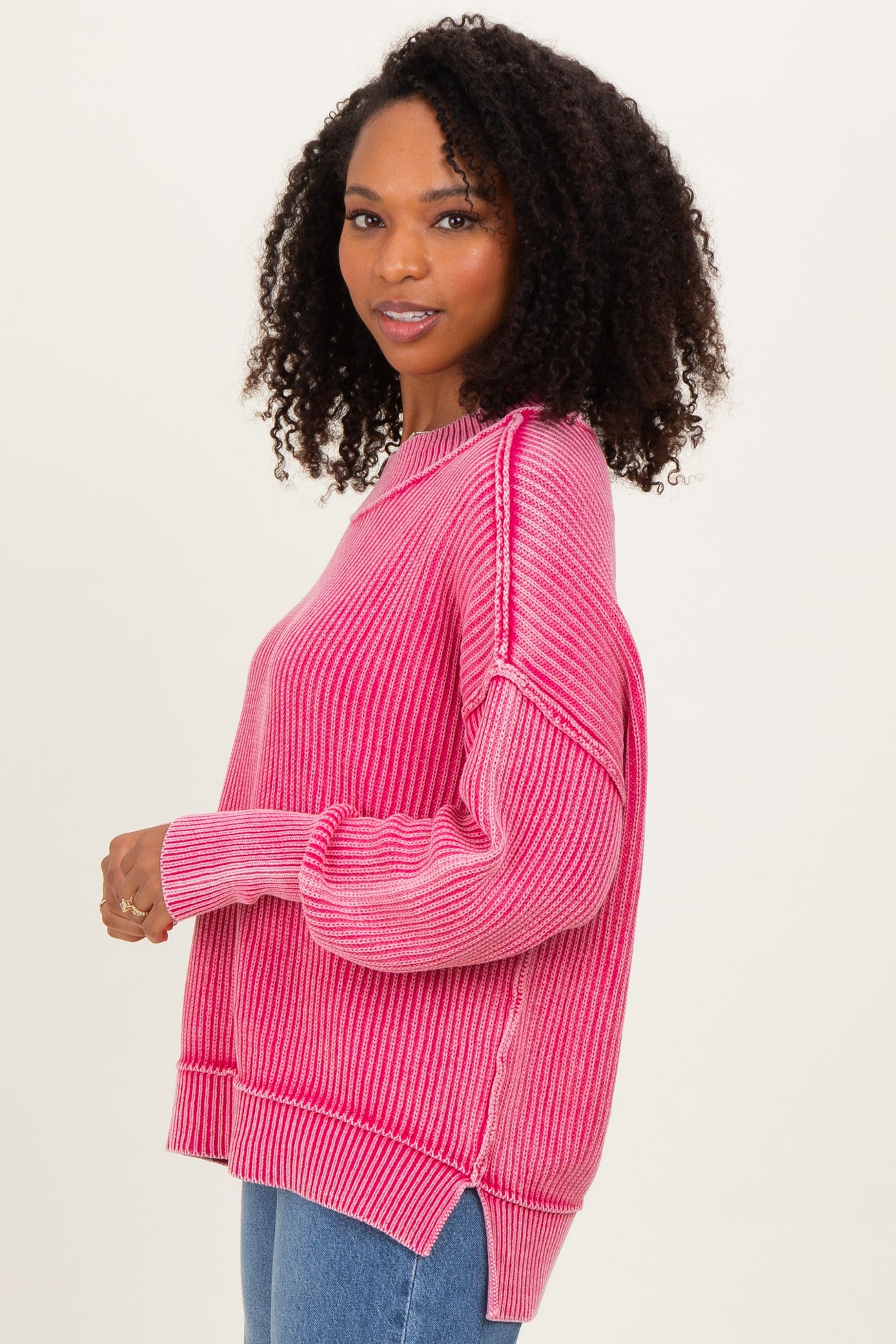 Hot Pink Washed Side Slit Oversized Sweater