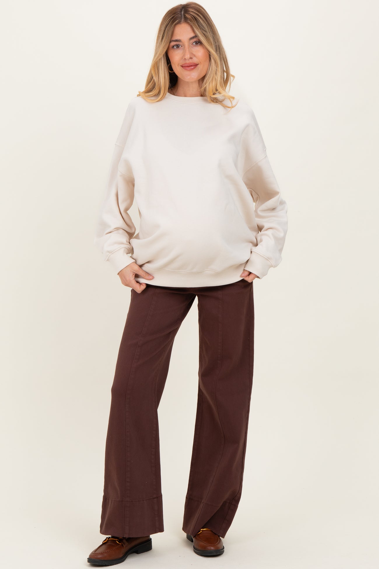 Sand Oversized Maternity Fleece Sweatshirt