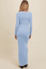 Light Blue Ribbed Long Sleeve Side Slit Maternity Maxi Dress