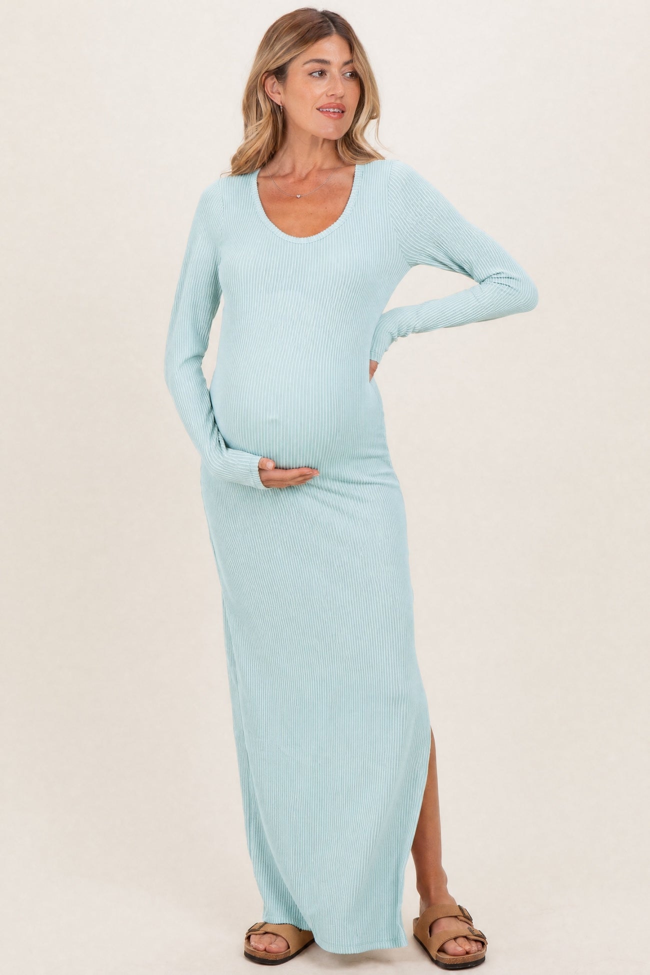 Mint Ribbed Long Sleeve Side Slit Maternity Maxi Dress