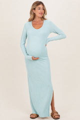 Mint Ribbed Long Sleeve Side Slit Maternity Maxi Dress