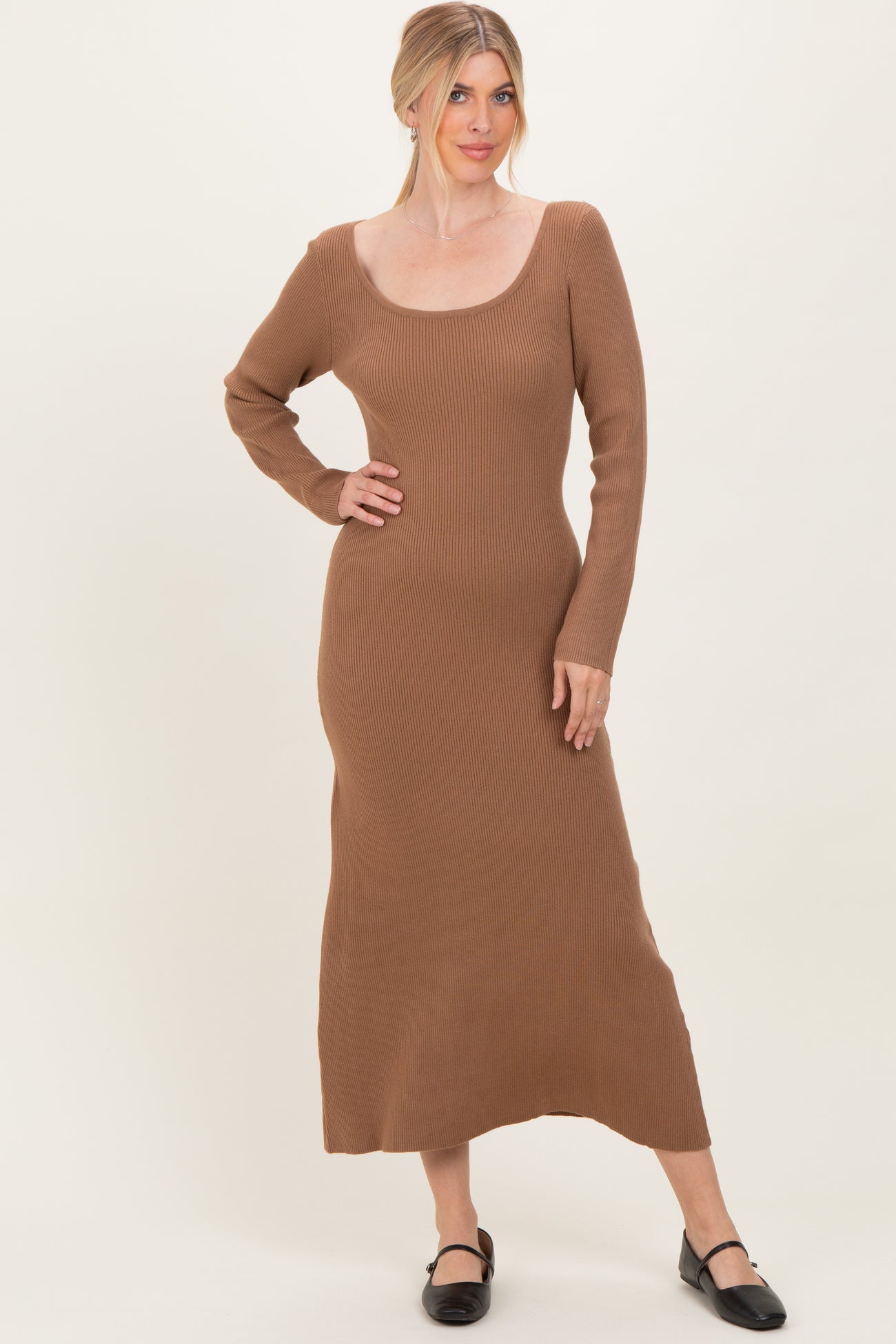 Mocha Rib Knit Back Cutout Maternity Midi Dress