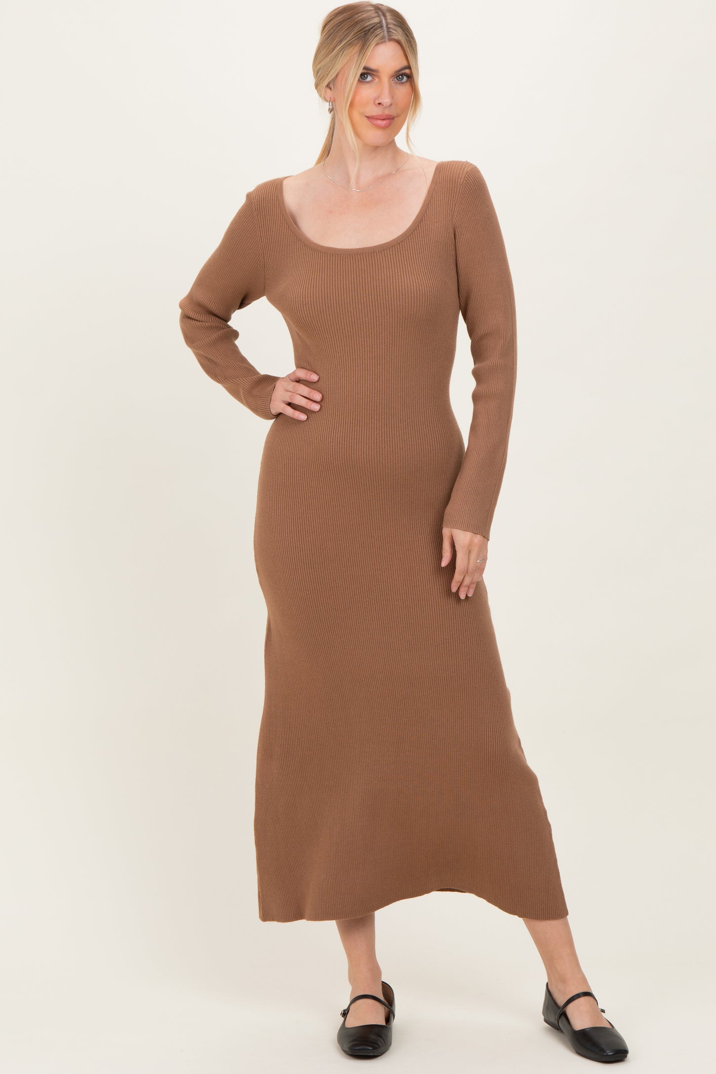Mocha Rib Knit Back Cutout Maternity Midi Dress