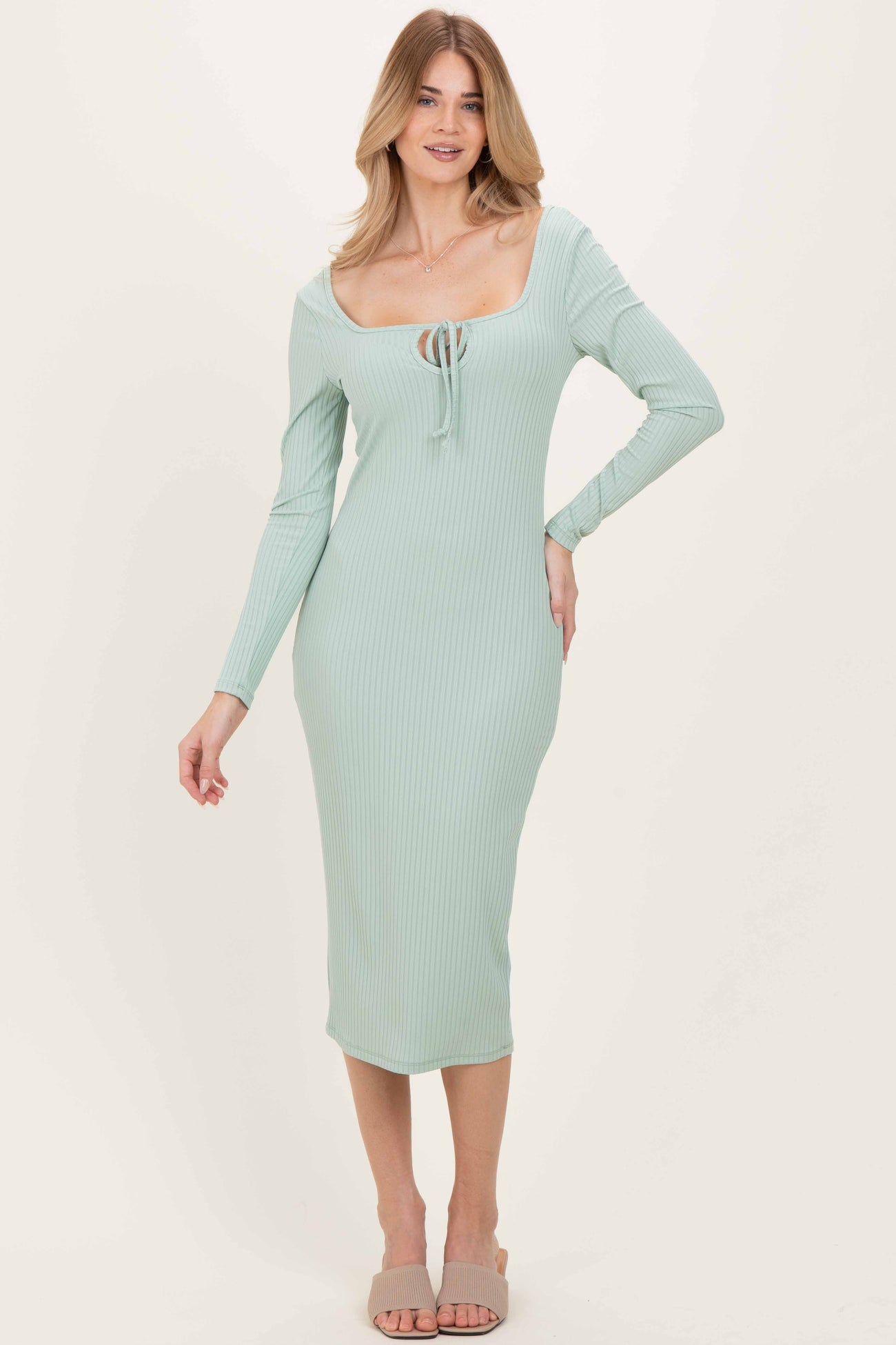 Sage Ribbed Long Sleeve Squareneck Fitted Maternity Midi Dress