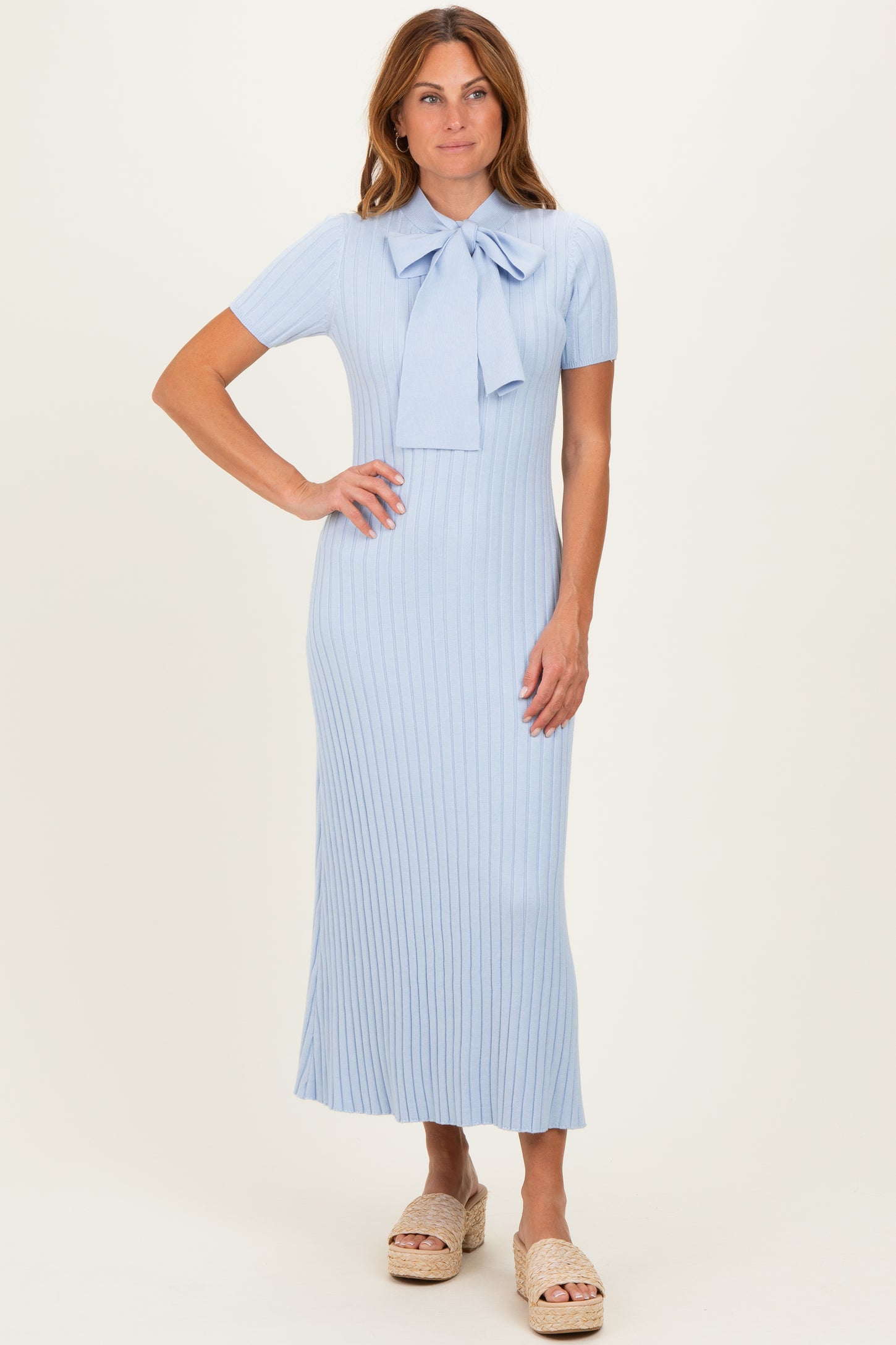 Sky Blue Ribbed Knit Tie Neck Maternity Midi Dress