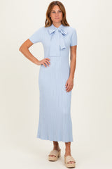 Sky Blue Ribbed Knit Tie Neck Maternity Midi Dress