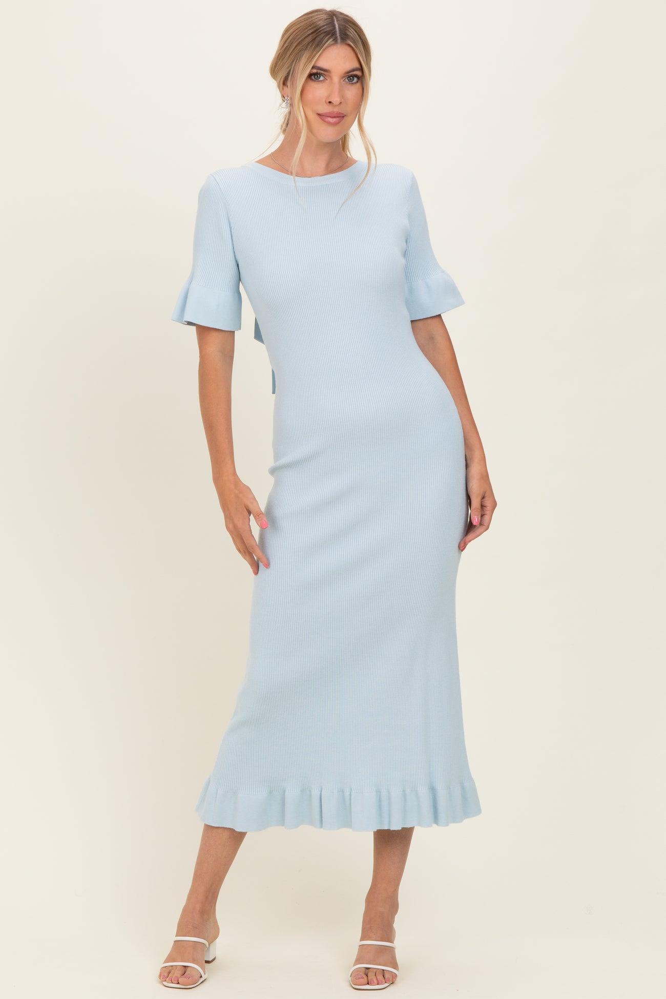 Sky Ribbed Knit Bow Back Ruffle Accent Maternity Dress