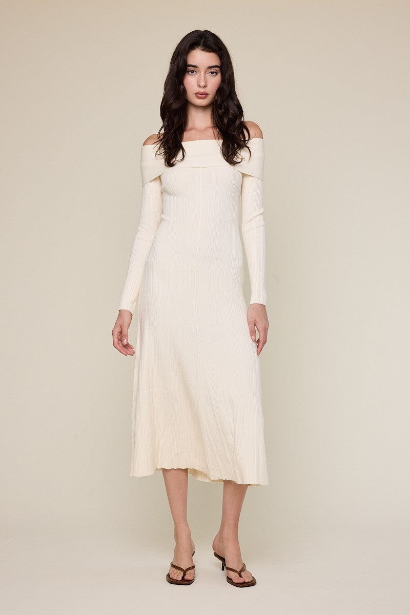 Ivory Off Shoulder Maternity Midi Sweater Dress