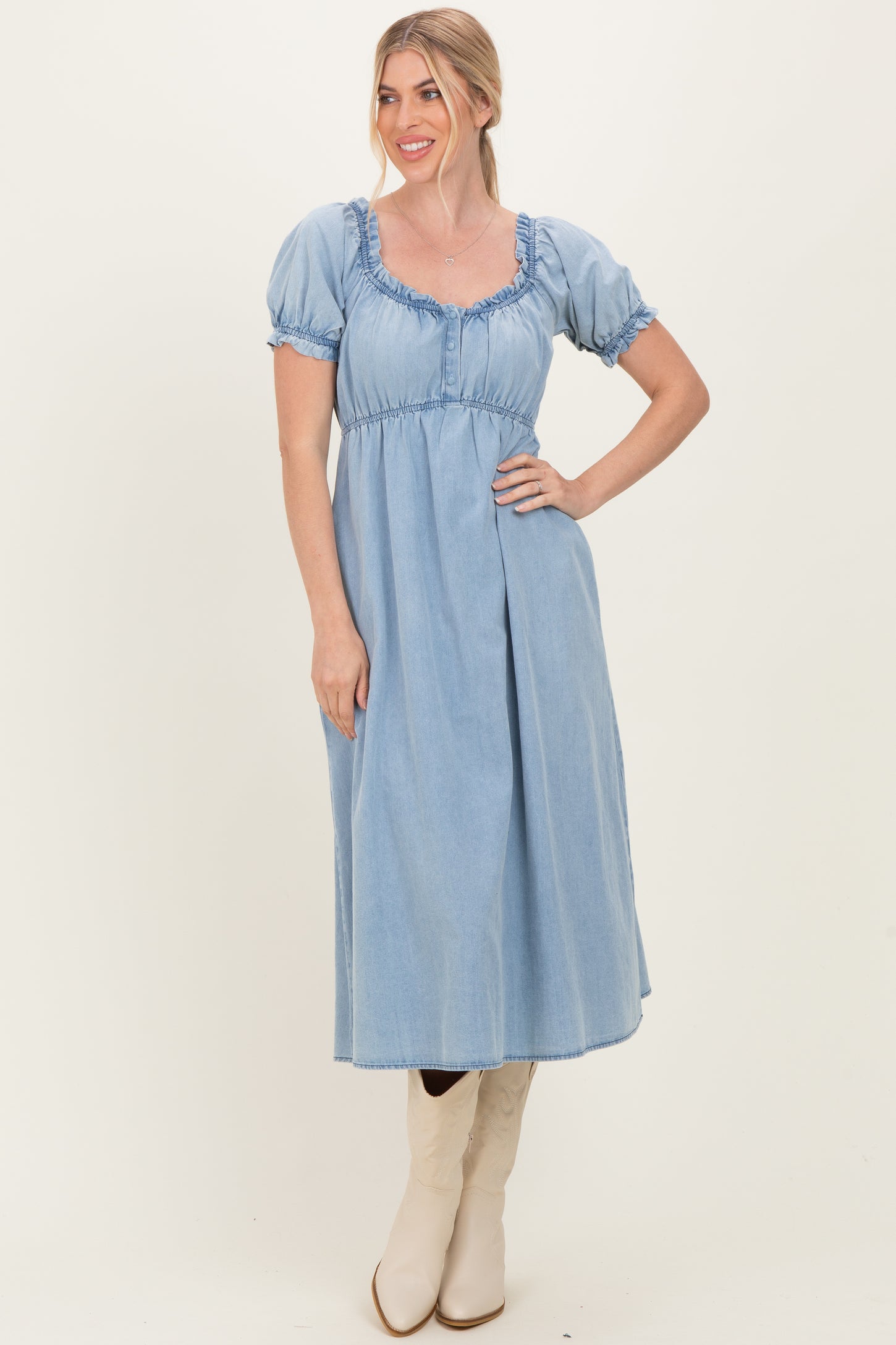 Light Blue Chambray Ruffle Neckline Maternity Midi Dress