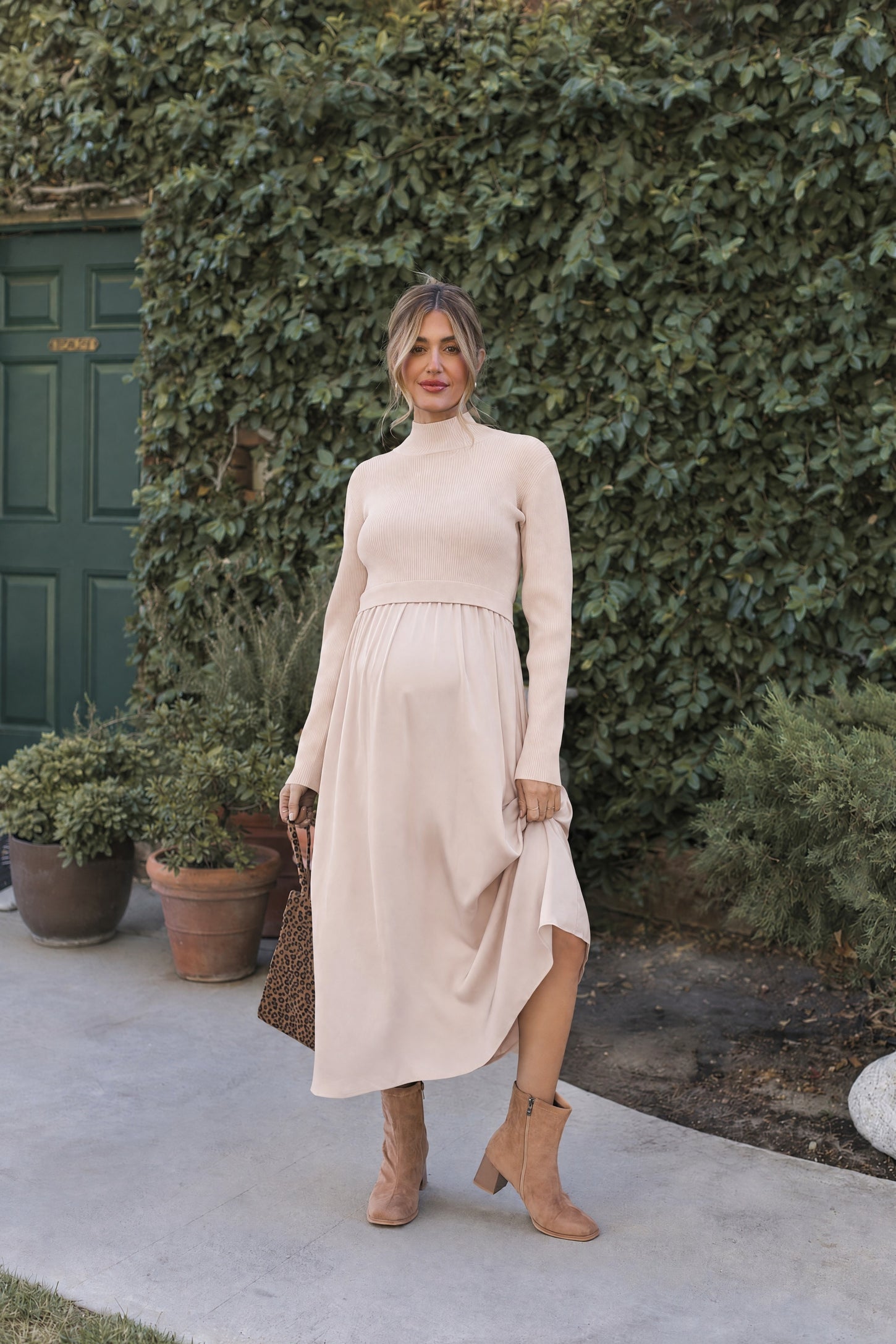 Light Beige Knit Contrast Top Satin Maternity Midi Dress
