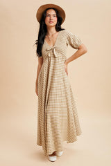 Beige Smocked Gingham Maternity Maxi Dress