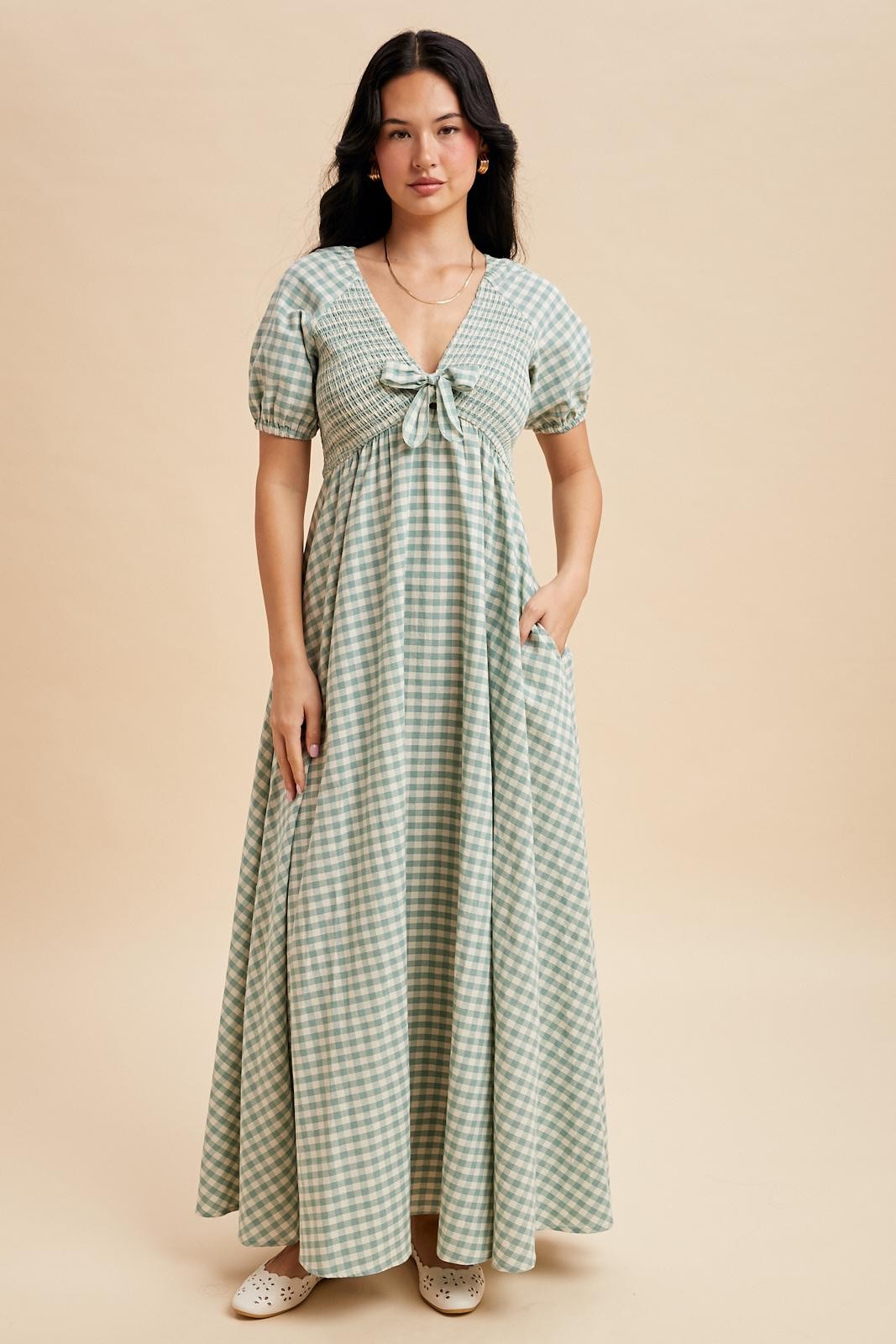 Mint Smocked Gingham Maxi Dress