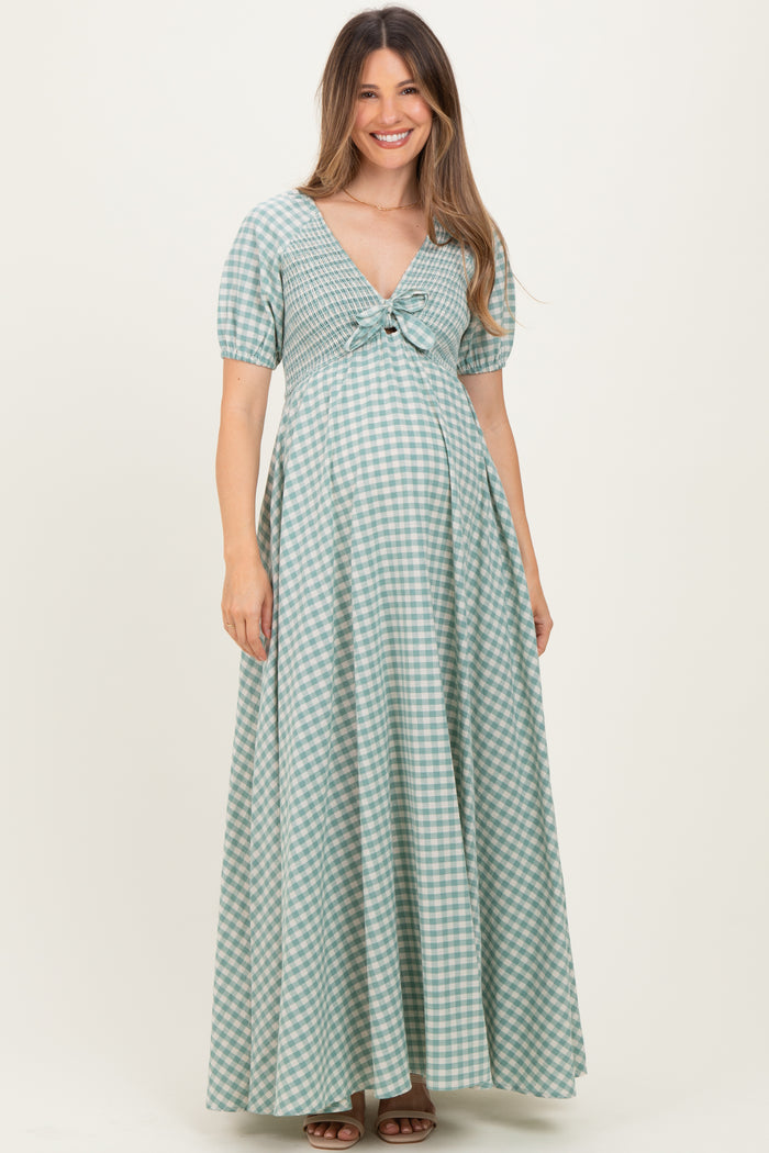 Mint Smocked Gingham Maternity Maxi Dress