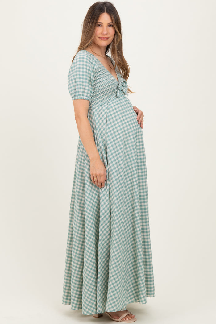 Mint Smocked Gingham Maternity Maxi Dress