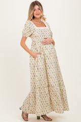 Creme Floral Cotton Puff Sleeve Maternity Maxi Dress