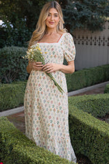 Creme Floral Cotton Puff Sleeve Maternity Maxi Dress