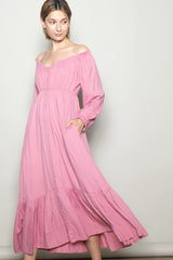 Pink Off Shoulder Button Accent Maternity Maxi Dress