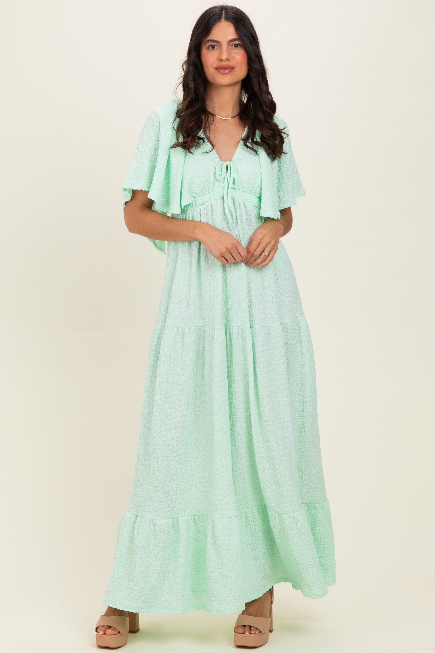 Sage Woven Textured Flutter Sleeve V-Neck Tiered Maternity Maxi Dress