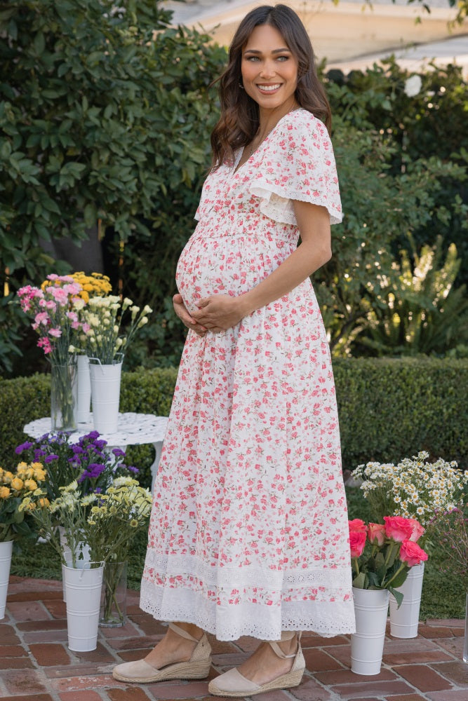 Pink Floral Lace Trim Flutter Sleeve Maternity Maxi Dress